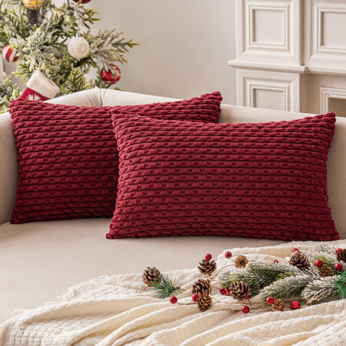 MIULEE Decorative Throw Pillow Covers 20x20 Cream White Textured Corduroy