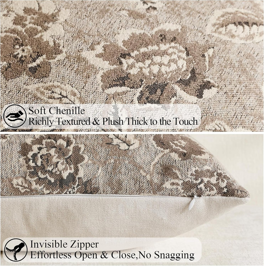 Vintage Floral Chenille Throw Pillow Covers 18x18 Set of 2