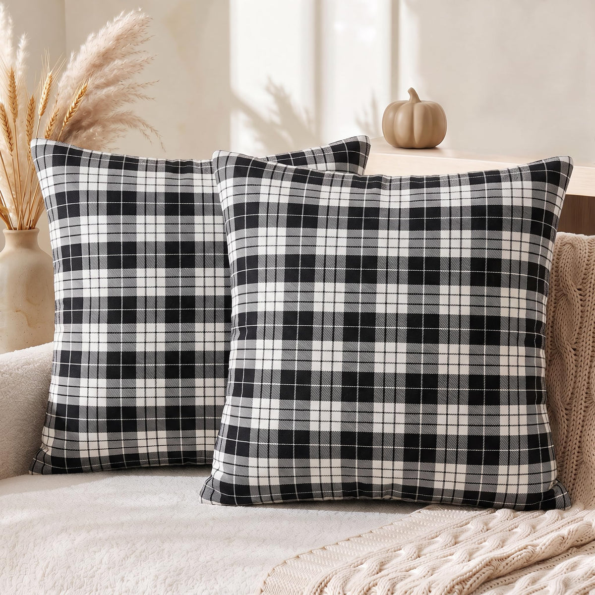 AVOIN colorlife Fall Caramel Brown Plaid Decorative Throw Pillow Covers, 18 x 18 Inch Holiday Scottish Tartan Cushion Case Farmhouse Decoration for Sofa Couch Set of 2