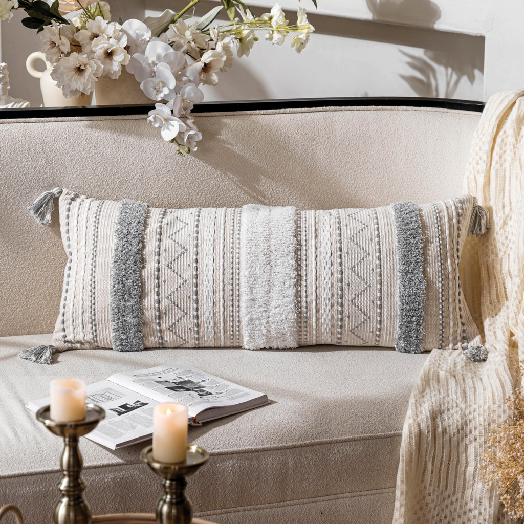 BlissBlush 14x36 Lumbar Pillow Cover for Bed, Rectangular Long Decorative Throw Pillowcase, Boho Accent Cushion with Tufted Pattern and Tassels, Cream Beige Neutral (Cover Only)
