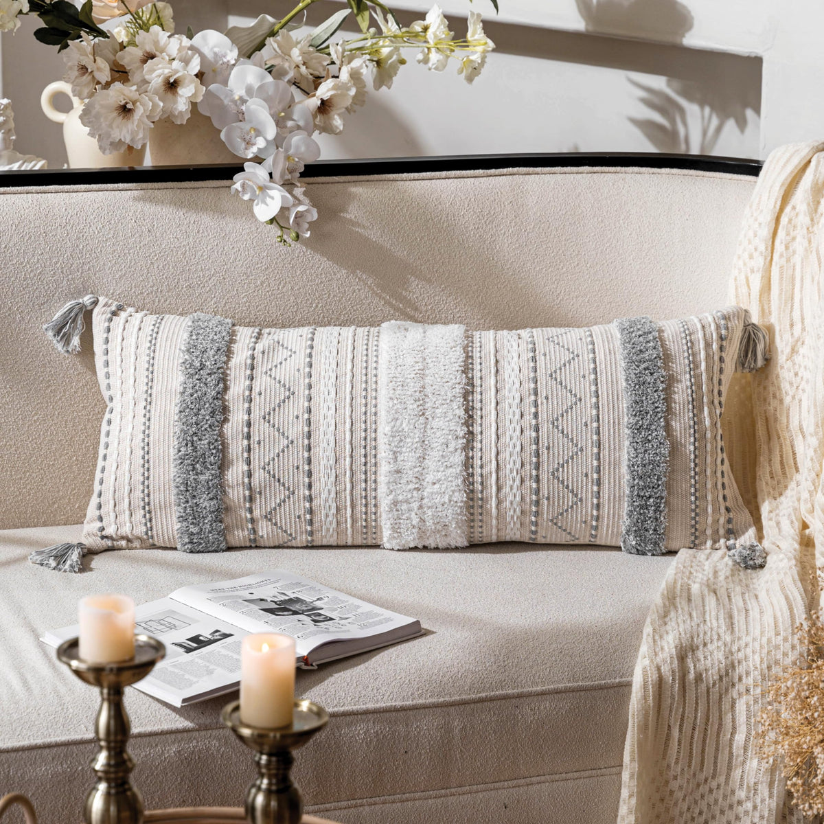 BlissBlush 14x36 Lumbar Pillow Cover for Bed, Rectangular Long Decorative Throw Pillowcase, Boho Accent Cushion with Tufted Pattern and Tassels, Cream Beige Neutral (Cover Only)