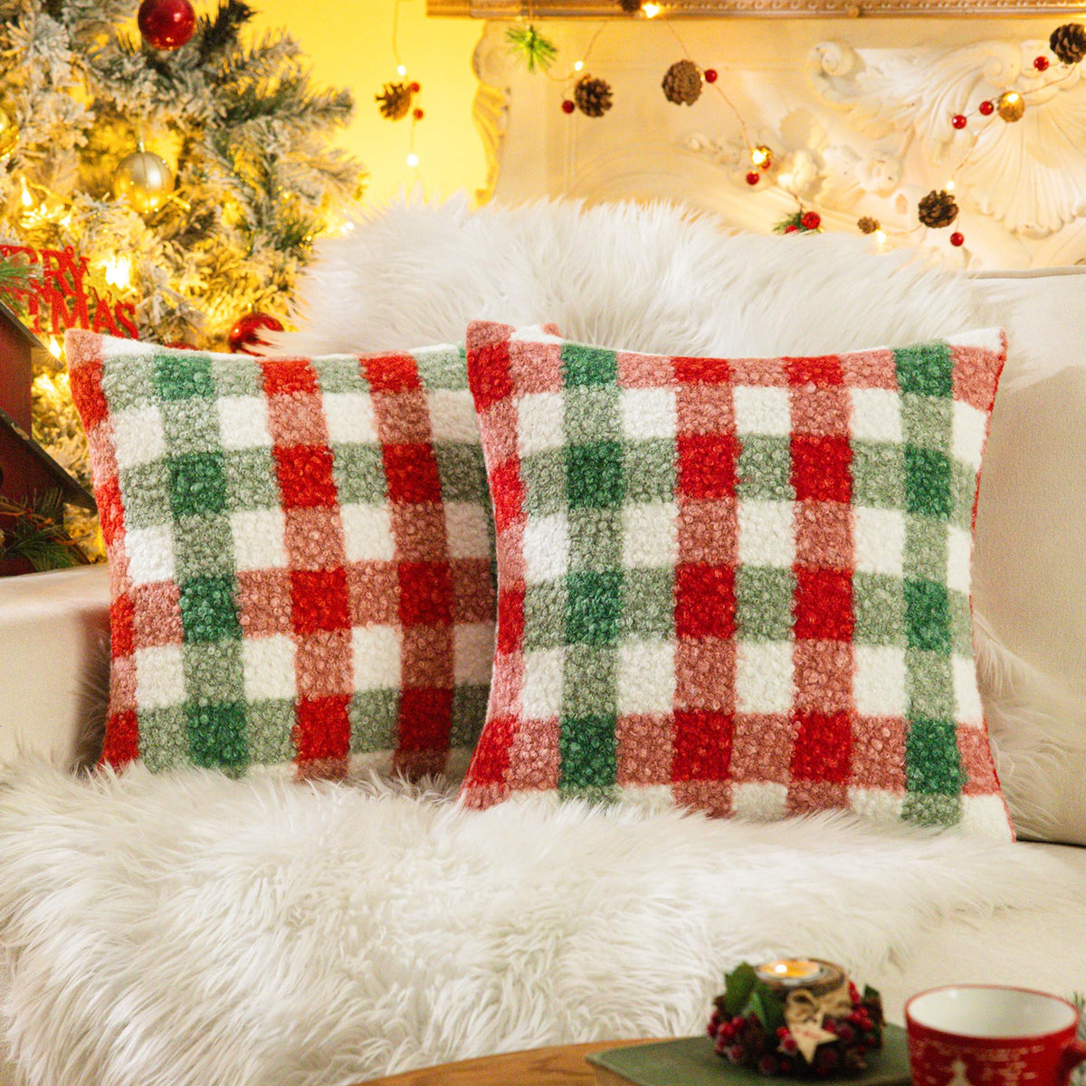 AQOTHES Plaid Fall Throw Pillow Covers Orange 18x18 Inch Set of 2