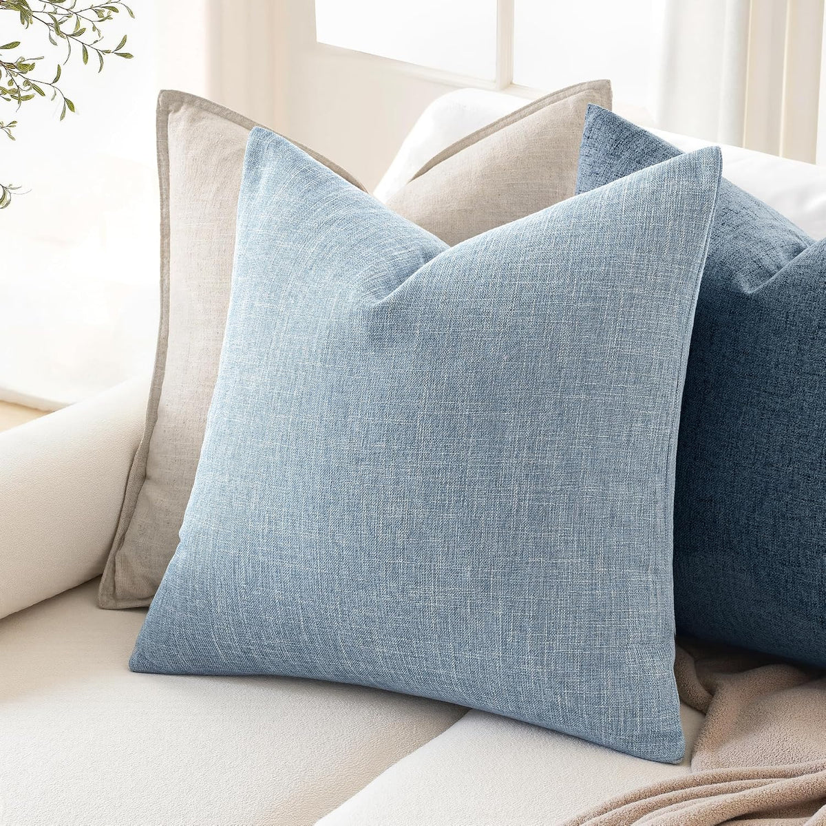 MIULEE Pack of 2 Linen Textured Pillow Covers, 18x18 Inch Light Blue