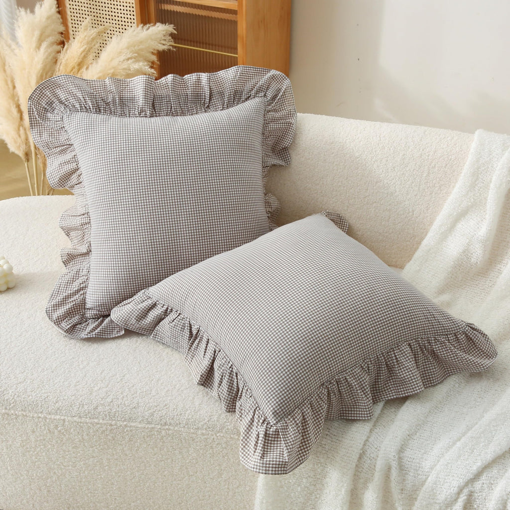 Gingham Throw Pillow Covers 18x18, Warm Taupe/White, Ruffle Trim