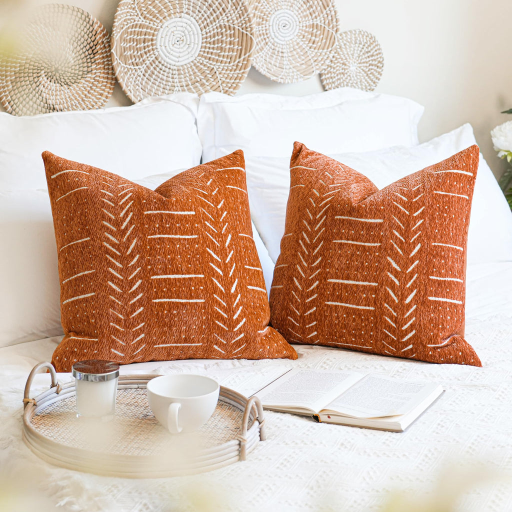 BlissBlush Decorative Lumbar Throw Pillow Covers 12X20 Set of 2, Brick Red Rust Boho Farmhouse Cushion Cover, Soft Accent Pillowcase for Couch Sofa Bed Living Room Home Décor