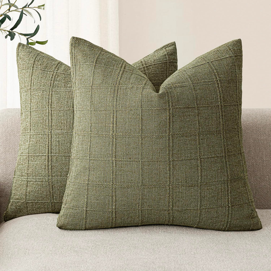 Foindtower Boho Linen Check Decorative Throw Pillow Cover 20×20 Olive Green