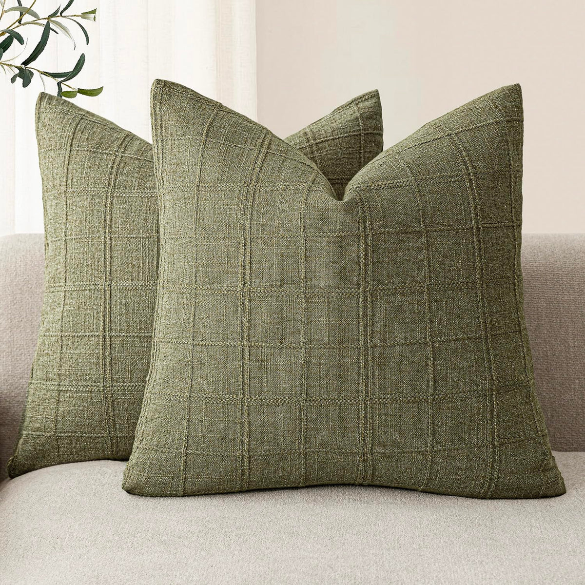 Foindtower Boho Linen Check Decorative Throw Pillow Cover 20×20 Olive Green