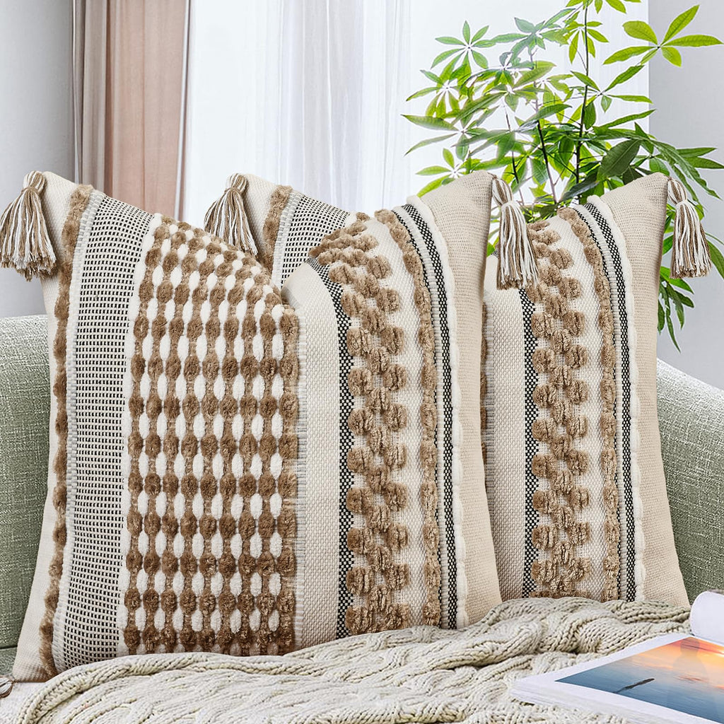 AmHoo Set of 2 Chenille Striped Textured Boho Throw Pillow Covers Aesthetic with Tassels Woven Decorative Pillow Case for Couch Bed Sofa Bedroom Modern Funky 18 x 18-Inch Brown
