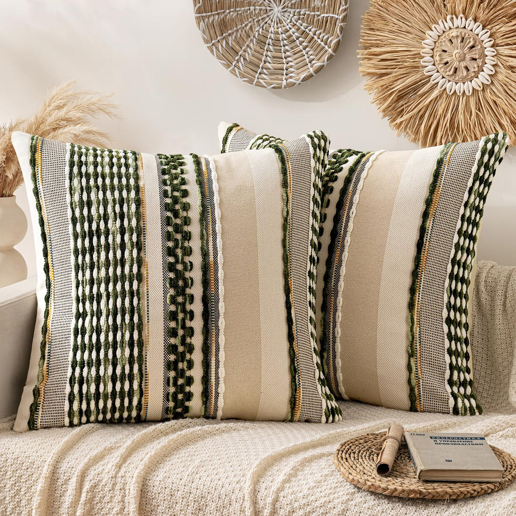 ANRODUO Boho Decorative Pillow Covers Olive Green Stripe 18x18 Pack of 2