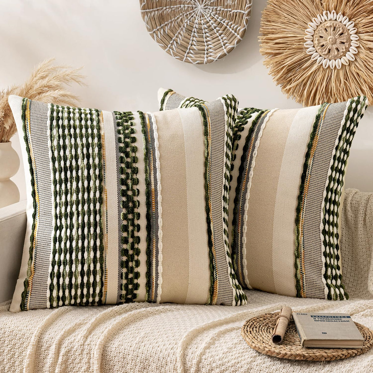 ANRODUO Boho Decorative Pillow Covers Olive Green Stripe 18x18 Pack of 2