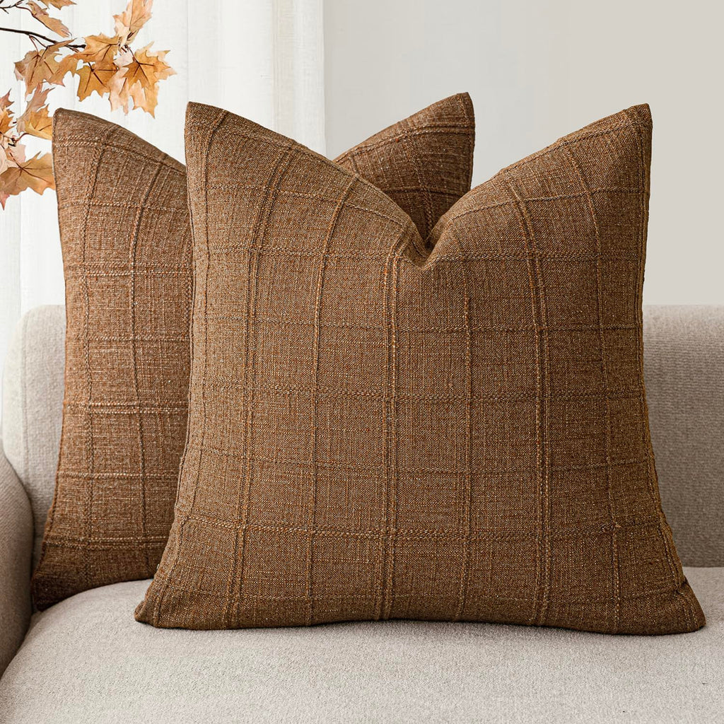 Foindtower Boho Linen Check Decorative Throw Pillow Cover 20×20 Olive Green
