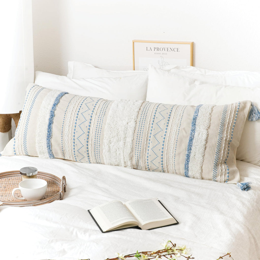 BlissBlush 14x36 Lumbar Pillow Cover for Bed, Rectangular Long Decorative Throw Pillowcase, Boho Accent Cushion with Tufted Pattern and Tassels, Cream Beige Neutral (Cover Only)