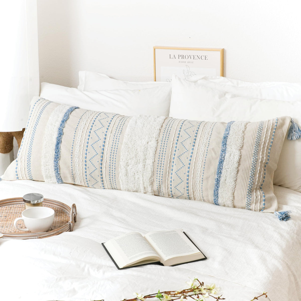 BlissBlush 14x36 Lumbar Pillow Cover for Bed, Rectangular Long Decorative Throw Pillowcase, Boho Accent Cushion with Tufted Pattern and Tassels, Cream Beige Neutral (Cover Only)