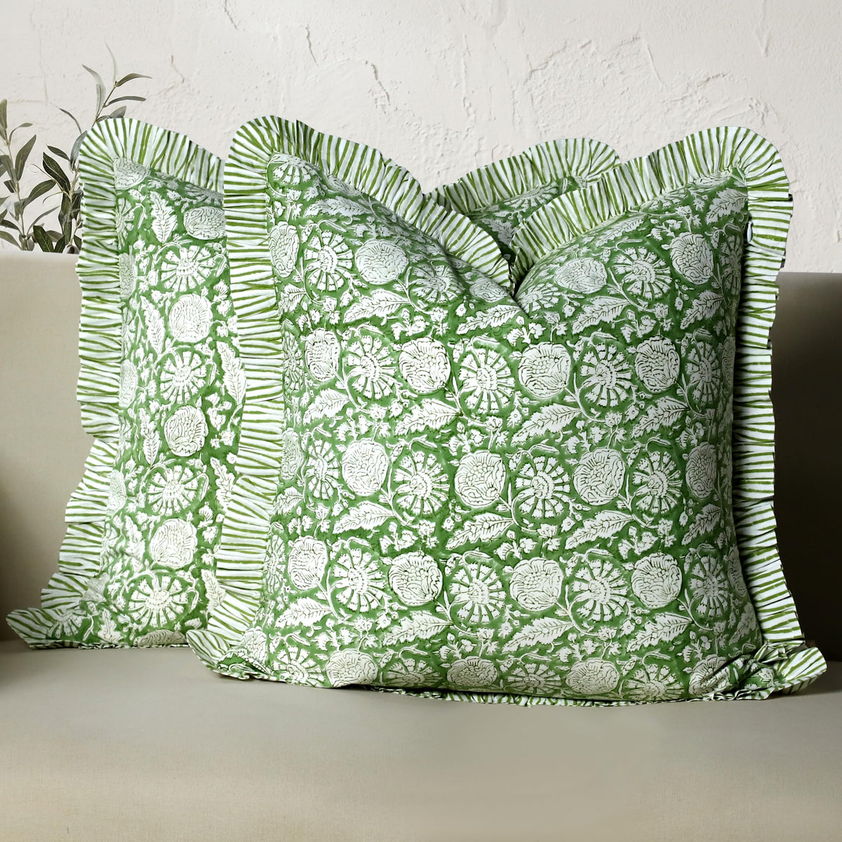 CPC Block Print Ruffle Throw Pillow Cover Emerald Green 20"x20", Pack of 2