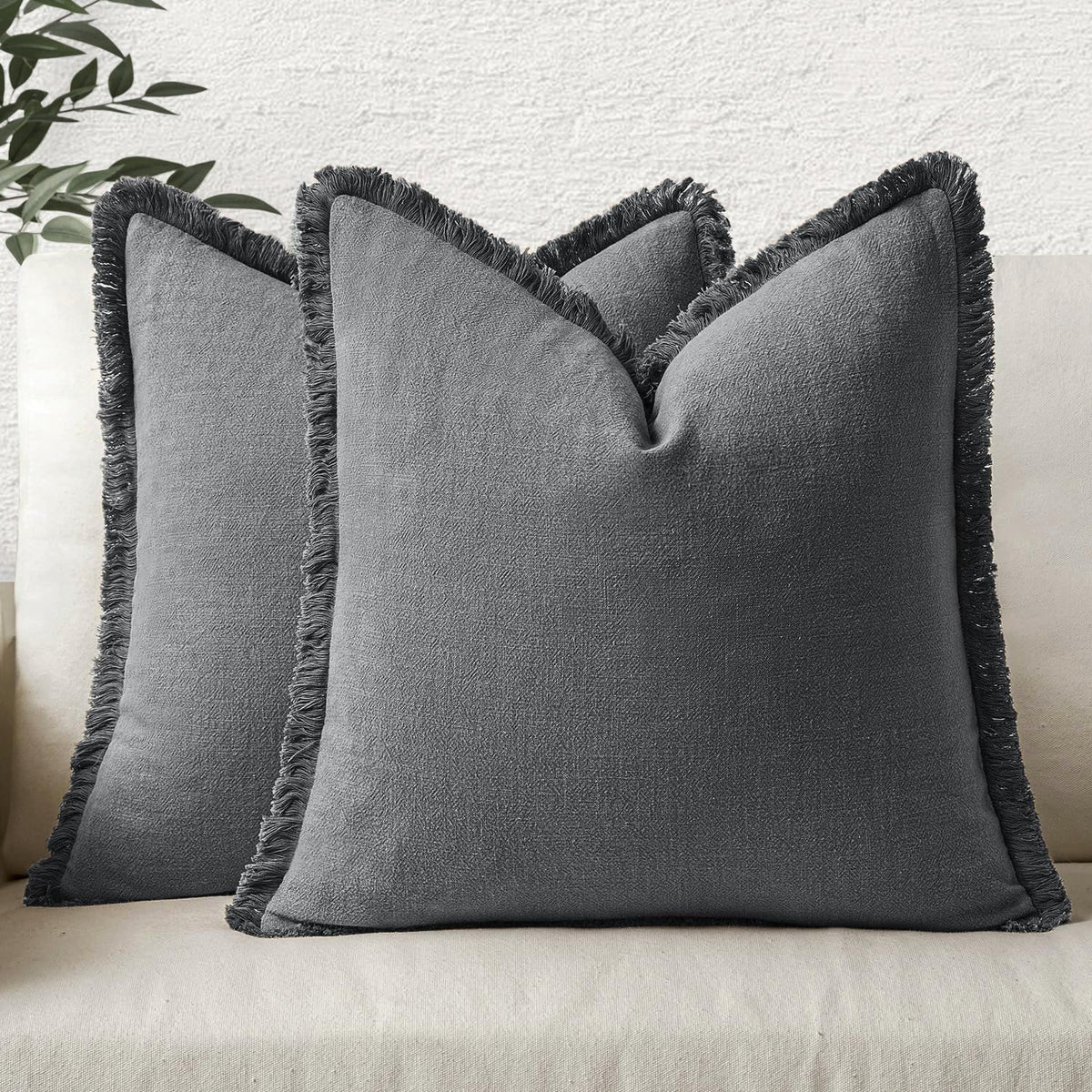 MIULEE Linen Fringe Decorative Throw Pillow Covers Natural Beige 20x20