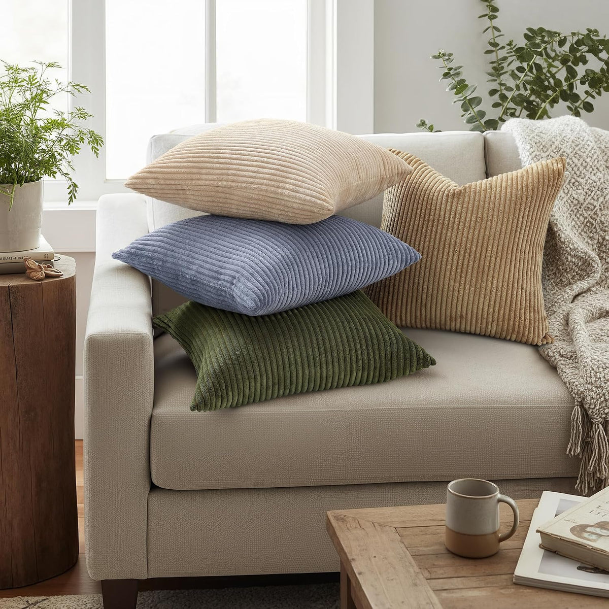 Mecatny Corduroy Fall Decorative Throw Pillow Covers 18x18 Set of 2 Khaki