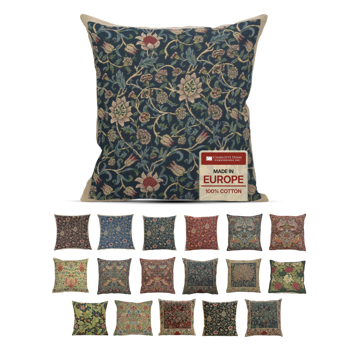William Morris Fleurs de Morris Red Tapestry Throw Pillow Cover 16 x 16 in
