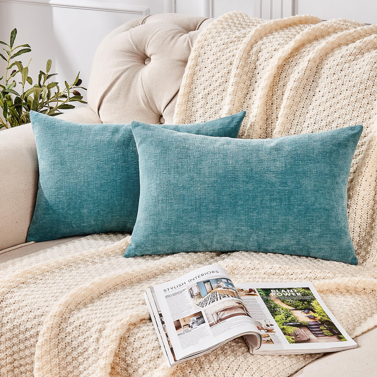 GAWAMAY Lumbar Support Pillow Decorative Rectangle Throw Pillow Covers 12"x20" Inch Set of 2, Soft Chenille Pillowcase for Living Room Bedroom Sofa Couch Cushion Cover Navy Blue 30x50cm (ONLY Covers)