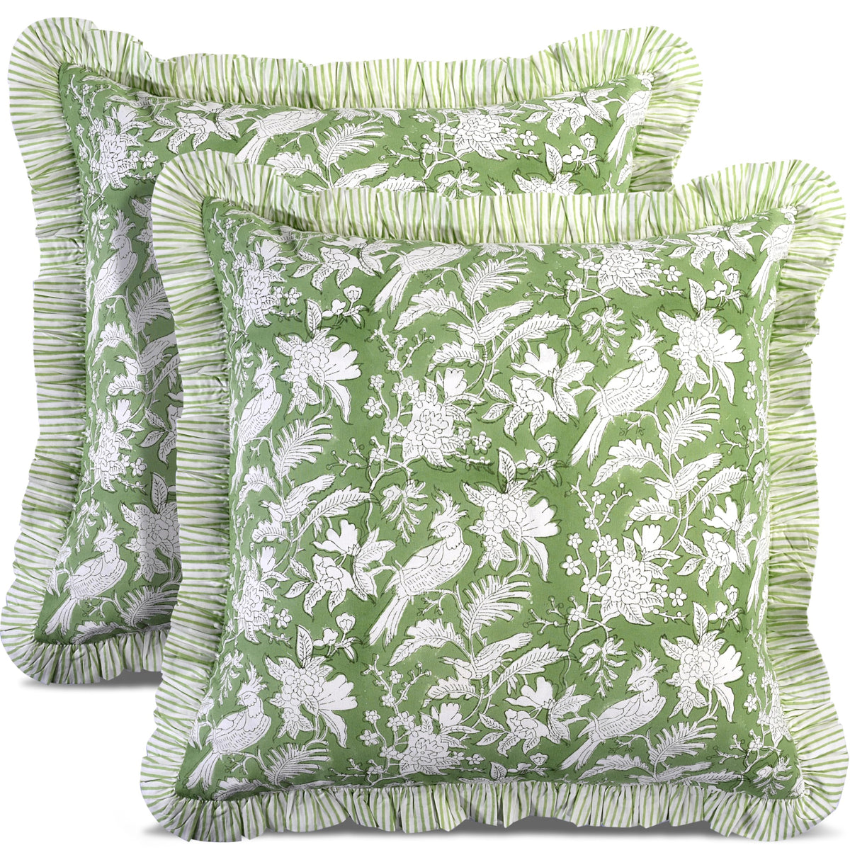 CPC Block Print Ruffle Throw Pillow Cover Emerald Green 20"x20", Pack of 2