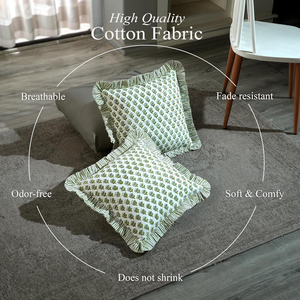 CPC Block Print Ruffle Throw Pillow Cover Emerald Green 20"x20", Pack of 2