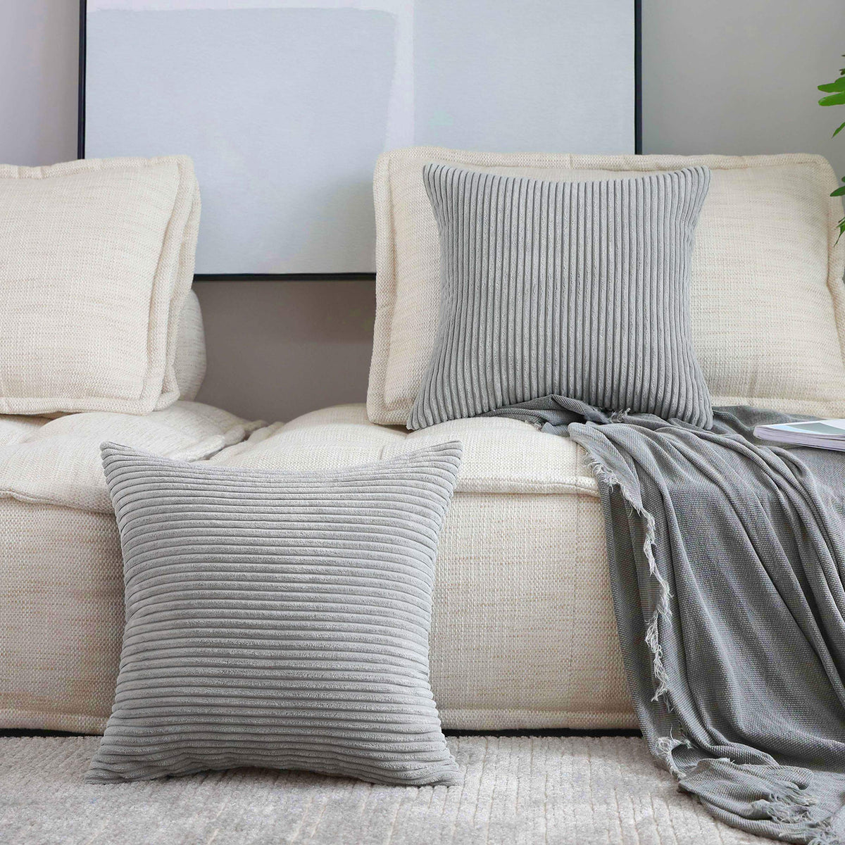 Home Brilliant Yellow Pillow Covers Summer Decorative Set of 2 Striped Corduroy Plush Velvet Throw Pillow Covers for Couch Decor, 18x18 inch, Light Yellow