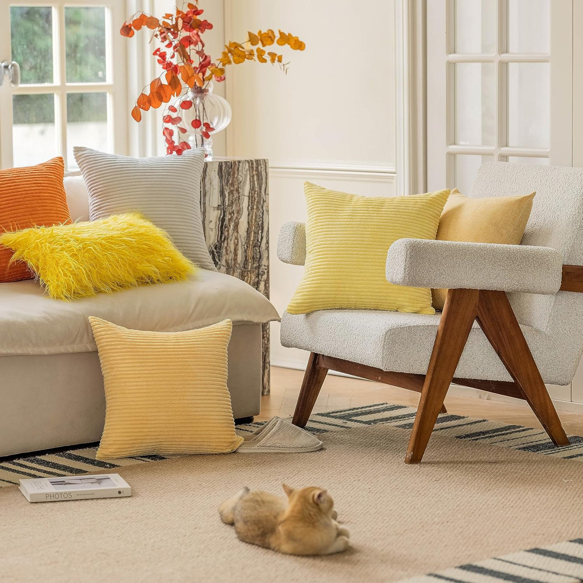 Home Brilliant Yellow Pillow Covers Summer Decorative Set of 2 Striped Corduroy Plush Velvet Throw Pillow Covers for Couch Decor, 18x18 inch, Light Yellow