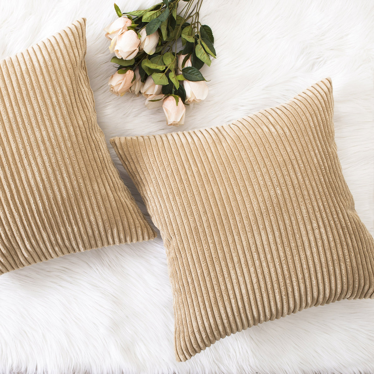 Home Brilliant Yellow Pillow Covers Summer Decorative Set of 2 Striped Corduroy Plush Velvet Throw Pillow Covers for Couch Decor, 18x18 inch, Light Yellow