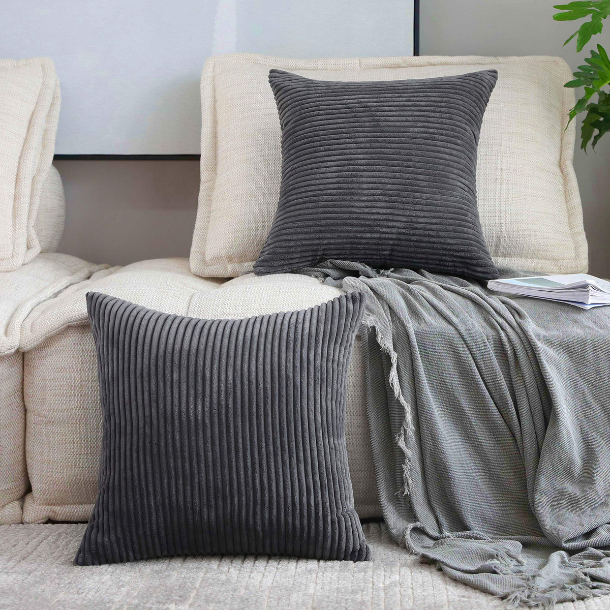 Home Brilliant Yellow Pillow Covers Summer Decorative Set of 2 Striped Corduroy Plush Velvet Throw Pillow Covers for Couch Decor, 18x18 inch, Light Yellow