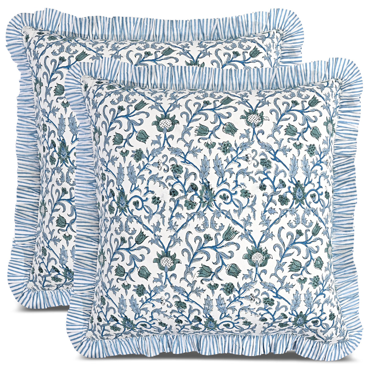 CPC Block Print Ruffle Throw Pillow Cover Emerald Green 20"x20", Pack of 2
